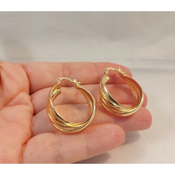 Gold Tone 1/5" wide High Polished Round Hoop Earrings twisted 1.25" long - Picture 6 of 9